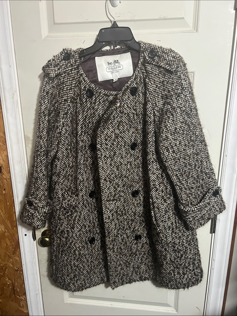 Coach Black and White Tweed Double-Breasted Peacoat